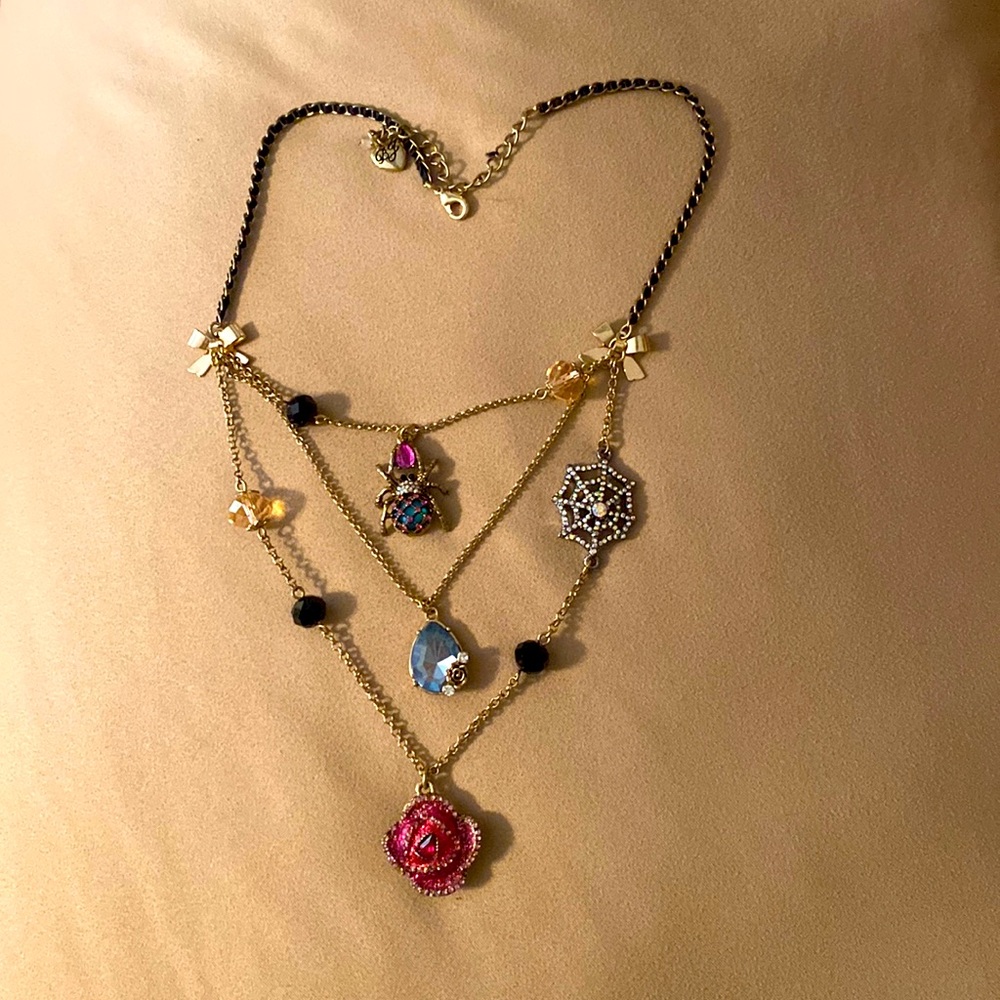 Betsy Johnson rose/spider/web necklace